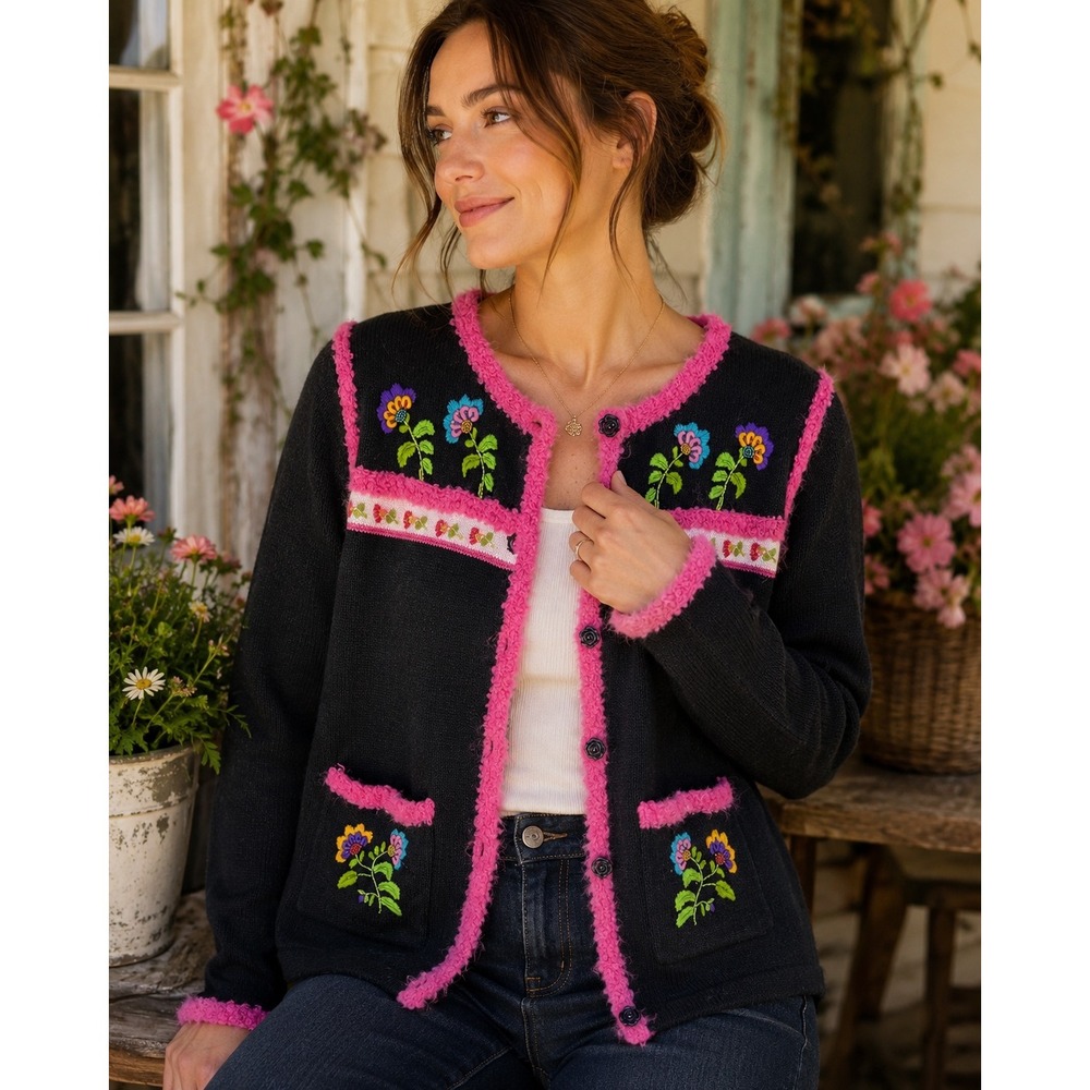 Vintage Storybook Knits Floral Embroidered Beaded Cardigan Cozy XS